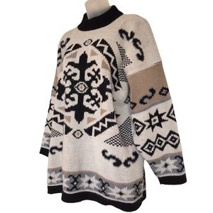 Vintage Adele Oversized Knit Geometric Snowflake Sweater Beige Black